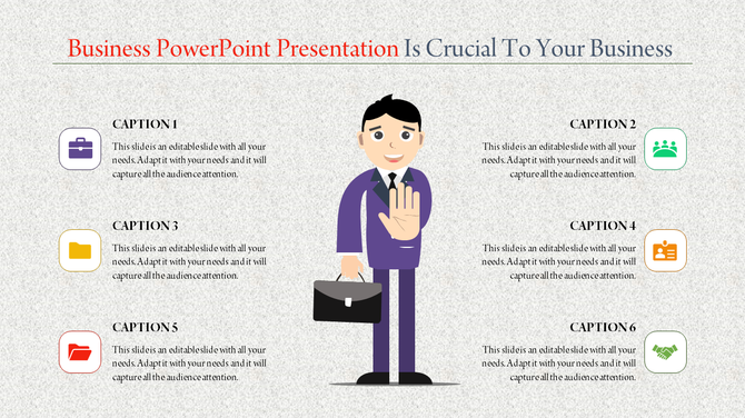 Professional PowerPoint slide featuring a smiling businessman and six captions with colorful icons for business concepts.