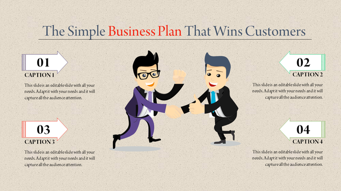 Business plan PowerPoint slide featuring two businessmen shaking hands with four numbered captions for key points.