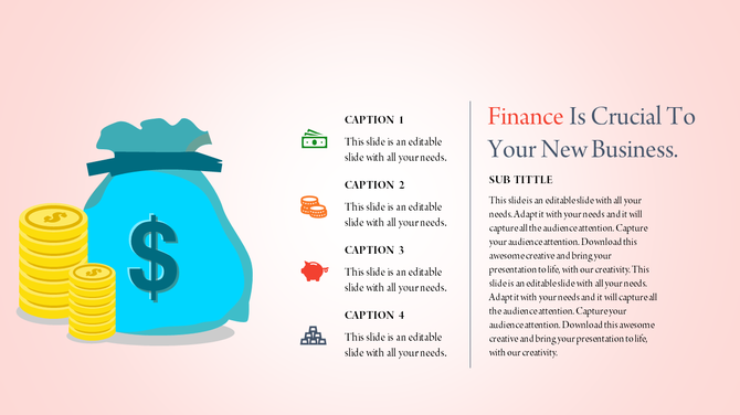 Finance themed PowerPoint slide with a large money bag illustration, stacked gold coins, and four captioned icons.