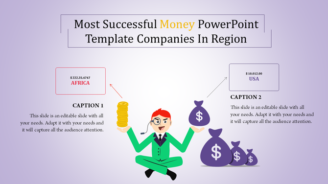 Most Successful Money PowerPoint template companies in the region, feature a cartoon figure balancing coins and money bags.