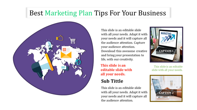 Marketing plan slide with a purple world map graphic, icons, and text sections, alongside two image captions.