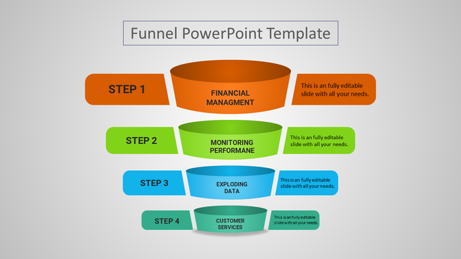 Colorful funnel template depicting a process flow, labeled with distinct steps for business management and analysis.