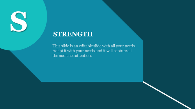 Slide with a bold S icon in a circle and a text box titled strength on a blue gradient background.