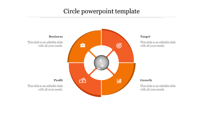 Orange circular diagram with a center, featuring related icons and captions for business, target, profit, and growth.