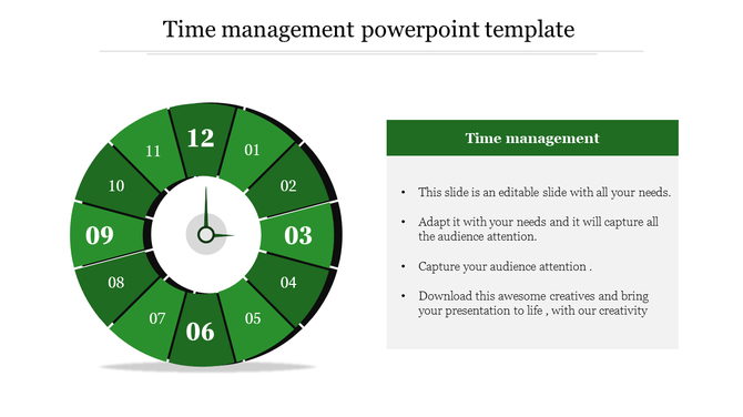 Green circular clock themed infographic with numbered sections and a time management description on the right.