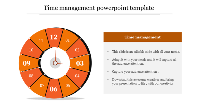 Circular time concept slide displaying a stylized clock divided into orange sections, paired with a time management text box.