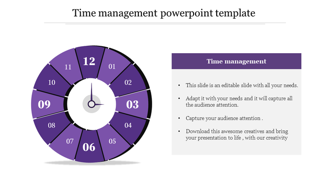 Circular clock diagram in purple with numbered sections from 01 to 12, paired with a text box on the right.