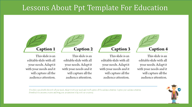 Education themed slide featuring four leaves with captions below, and a green border surrounding the layout.