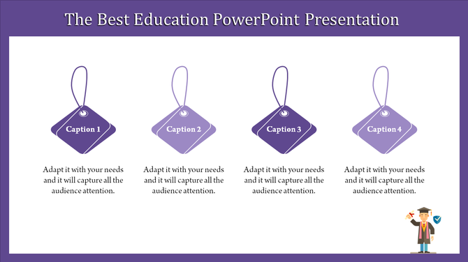 Purple themed education slide with hanging tags labeled Caption 1 to 4, featuring a cartoon graduate icon.