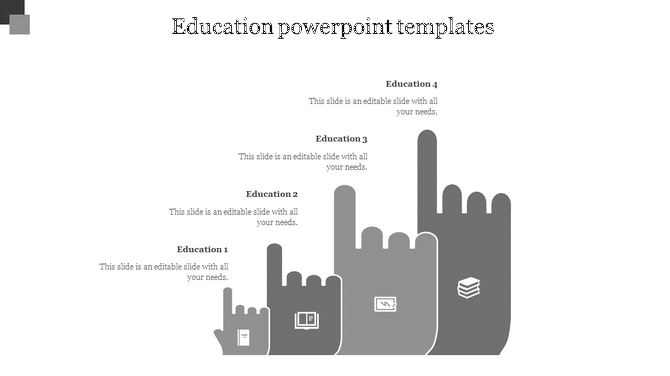 Educational process chart showing four progressively larger gray hands with icons and caption areas.