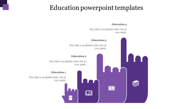 Education process chart with four hand icons in purple and white, representing stages, each paired with labeled captions.