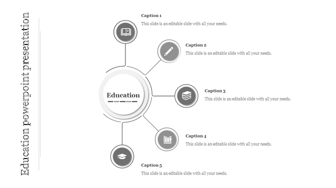 Grayscale education infographic with a central circle linked to five smaller icons representing different learning concepts.