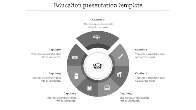 Grey circular education PPT template featuring icons like books, pencils, and a graduation cap at the center with captions.