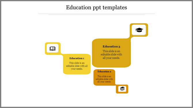 Education PowerPoint template featuring yellow boxes with icons for books, graduation caps, and a curriculum layout.
