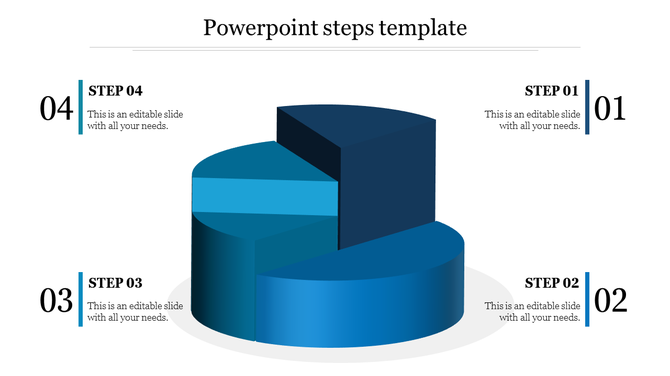 PowerPoint slide with a dark blue pie chart steps divided into four sections, labeled 01 to 04 with placeholder text.