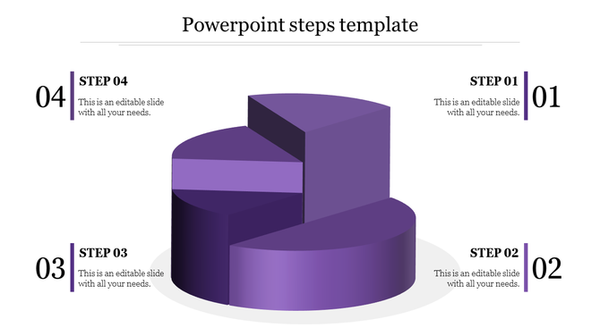 Slide featuring a tiered 3D step infographic in purple tones, showing four sequential steps with captions.