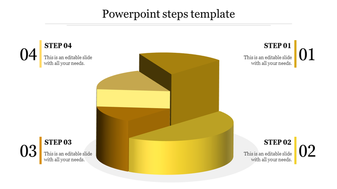 PowerPoint slide showing a yellow 3D pie chart steps model with four steps labeled 01 to 04 with placeholder text.
