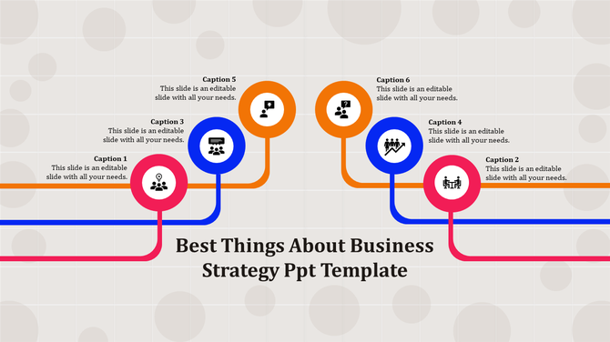 Business strategy PowerPoint template with six captions connected by colorful lines and circular icons on a grid background.