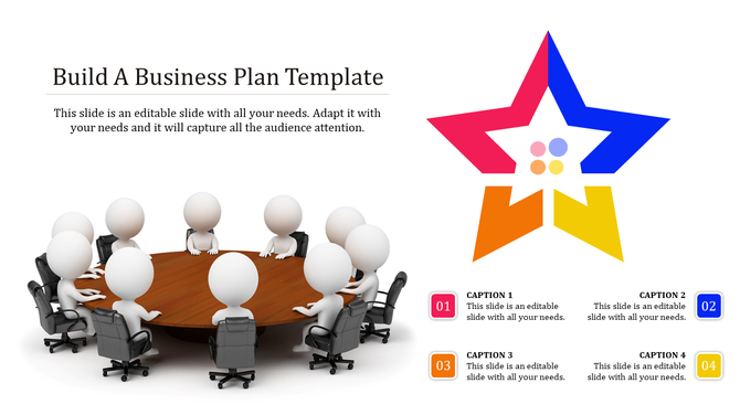 Business plan PowerPoint template showing figures at a round table and a colorful star infographic with numbered captions.
