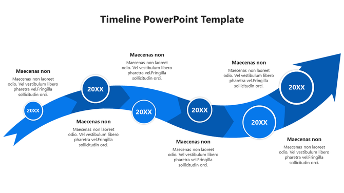 Timeline PowerPoint template featuring a blue arrow and circular markers, each with placeholder text for different years.
