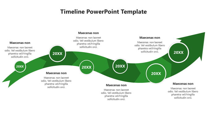 Timeline template displaying an arrow path with five milestones, labeled '20XX' each surrounded by text boxes. 
