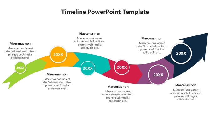 Colorful timeline PowerPoint template with an arrow design, milestones, and placeholders for year labels and descriptions.