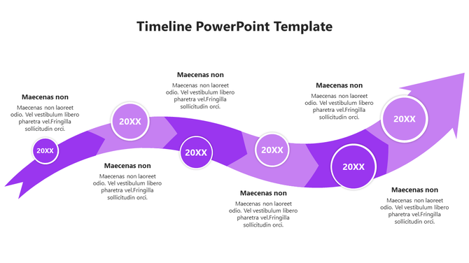 Timeline PowerPoint template featuring a purple arrow and circular markers, each with placeholder text for different years.