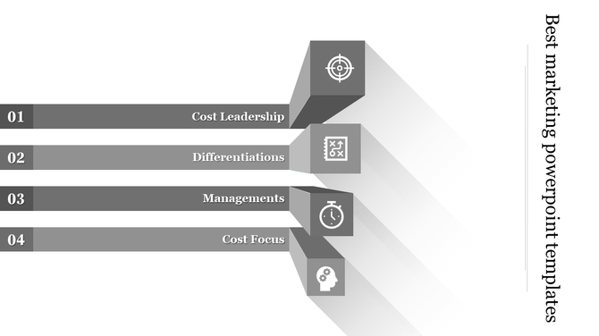 Marketing graphic showing four horizontal, numbered bars in shades of gray, each ending with a 3D icon box.