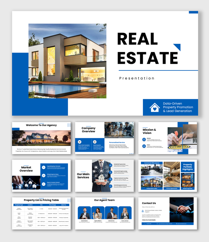 Real Estate slides with modern house image, blue white theme, bold titles, clean text blocks, icons, and property overview.