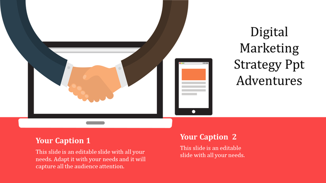 Digital marketing strategy PPT slide featuring a handshake graphic within a laptop screen and a smartphone icon on the side.