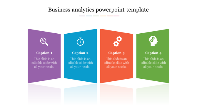 Business analytics PowerPoint slide featuring vibrant colors and icons with captions.