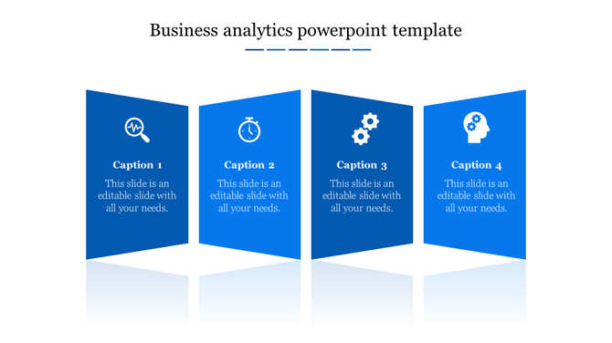 Business analytics template displaying four blue sections with icons for magnifying glas, and brain, with captions areas.