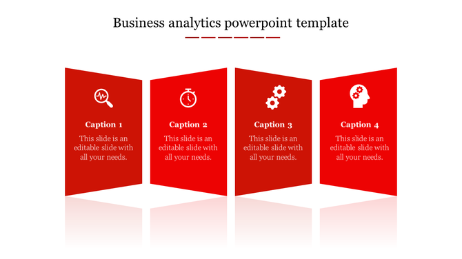 Business analytics template showing four red shapes, each with an icon magnifying glass, stopwatch, gear, and brain.