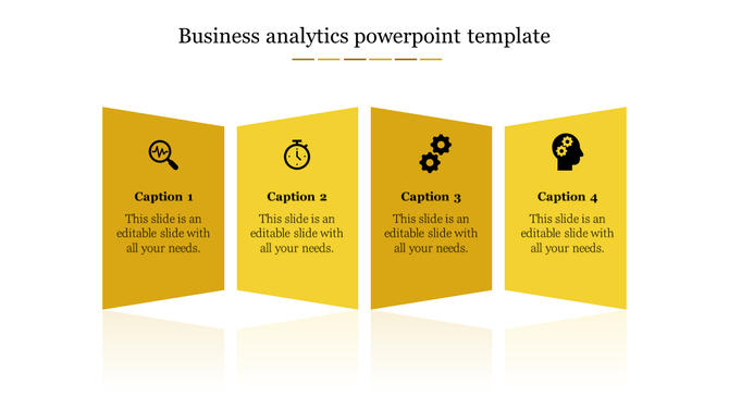 Yellow themed business slide with four tilted panels, each containing an icon and text, arranged in a row.