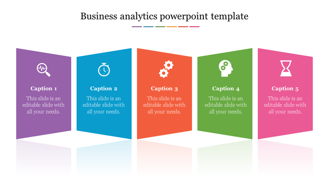 Business analytics PowerPoint template with five colorful panels, each containing icons and captions.