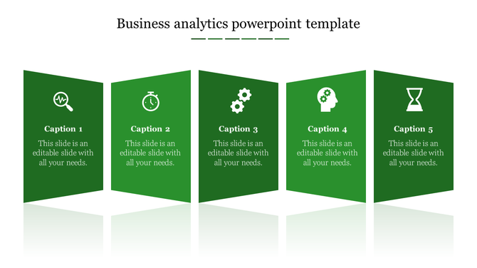 Business analytics template with five green panels, each showing icons for different analytics concepts.