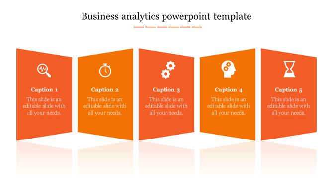 Business analytics design slide featuring five orange blocks, each with an icon representing with caption areas.