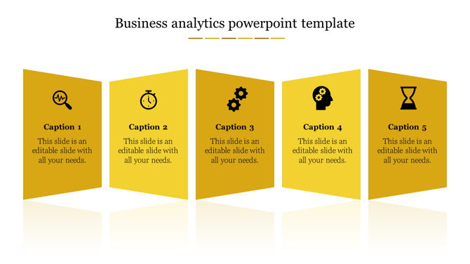 Golden business template featuring five angled segments, each with an icon representing different aspects of analytics.