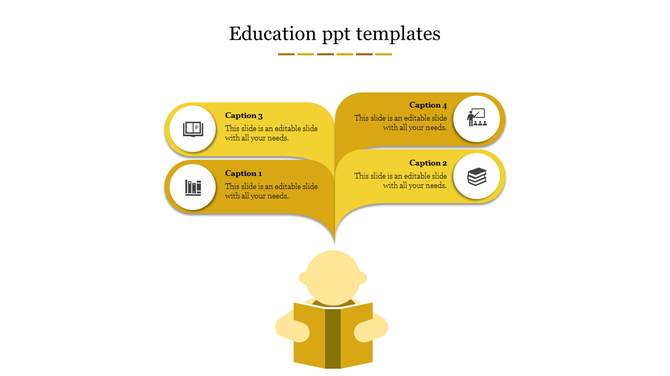 Education template featuring a student graphic and four segments above, labeled with different icons and placeholder text.