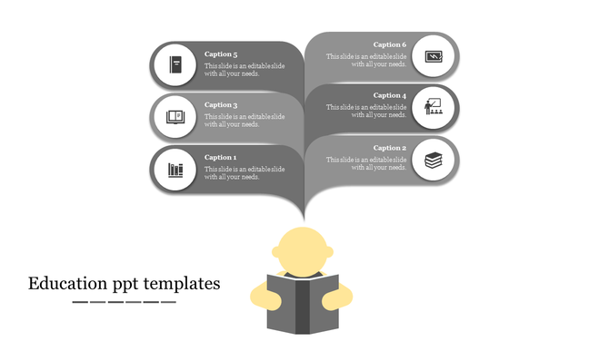 Gray themed slide showing six captions with icons linked to a figure reading a book at the bottom.