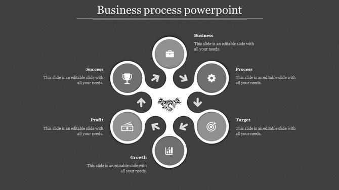 Business slide with six labeled circular icons linked by arrows, highlighting key concepts around a central handshake symbol.