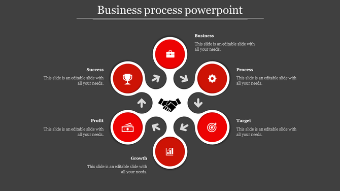 Business process infographic with six red circular icons around a handshake symbol, linked to placeholders text  areas. 