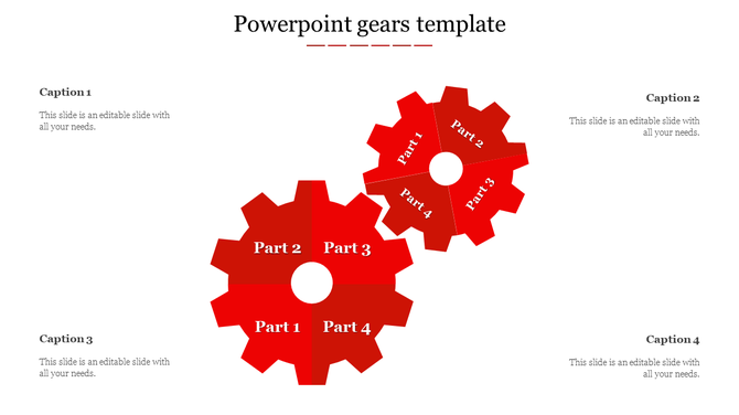 Red gear infographic with two interlocking gears, each divided into four labeled parts, linked to four caption areas.