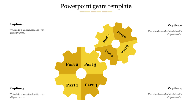 Slide displaying three yellow gears labeled with parts, accompanied by four surrounding text areas for captions.