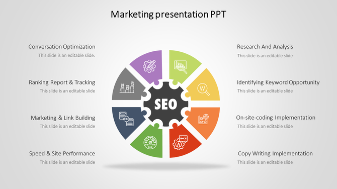 Marketing slide showcasing an SEO wheel with eight segments highlighting key tasks with colorful icons and text captions.