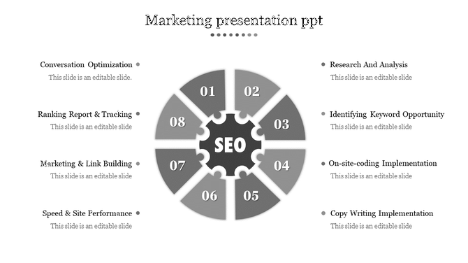 Circular infographic with eight gray numbered segments around SEO in the center, outlining marketing steps.