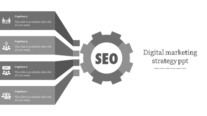 Digital marketing diagram featuring a central gray gear labeled seo with four gray banners extending left.