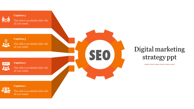 Digital marketing strategy PowerPoint template with orange steps leading to an SEO gear icon with captions.