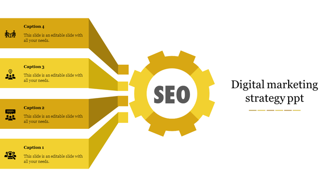 SEO strategy infographic with a yellow gear labeled SEO at the center, connected to four caption areas banners.