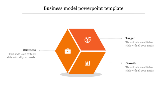 Business model PowerPoint template with three hexagonal orange sections labeled Business, Target, and Growth.